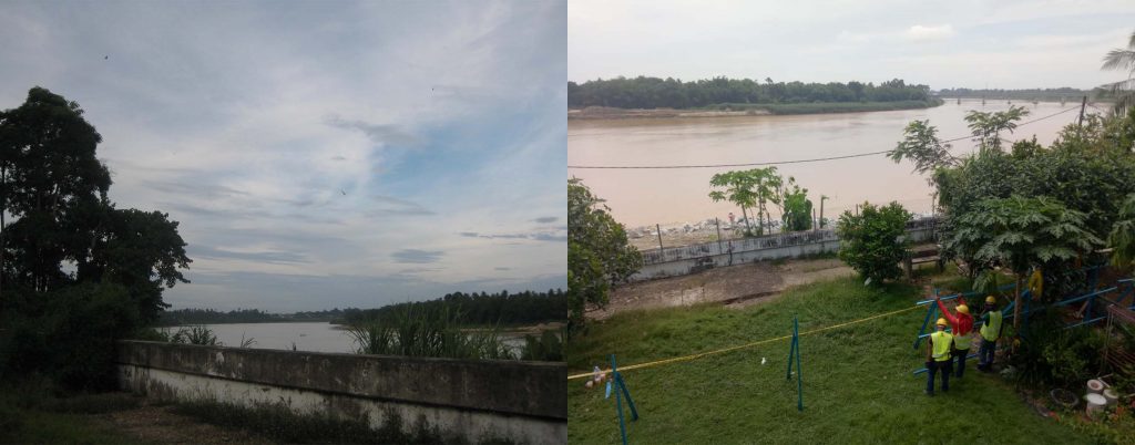 2 photos of the same river side by side. The one on the left is a later one and shows the results of flooding. 