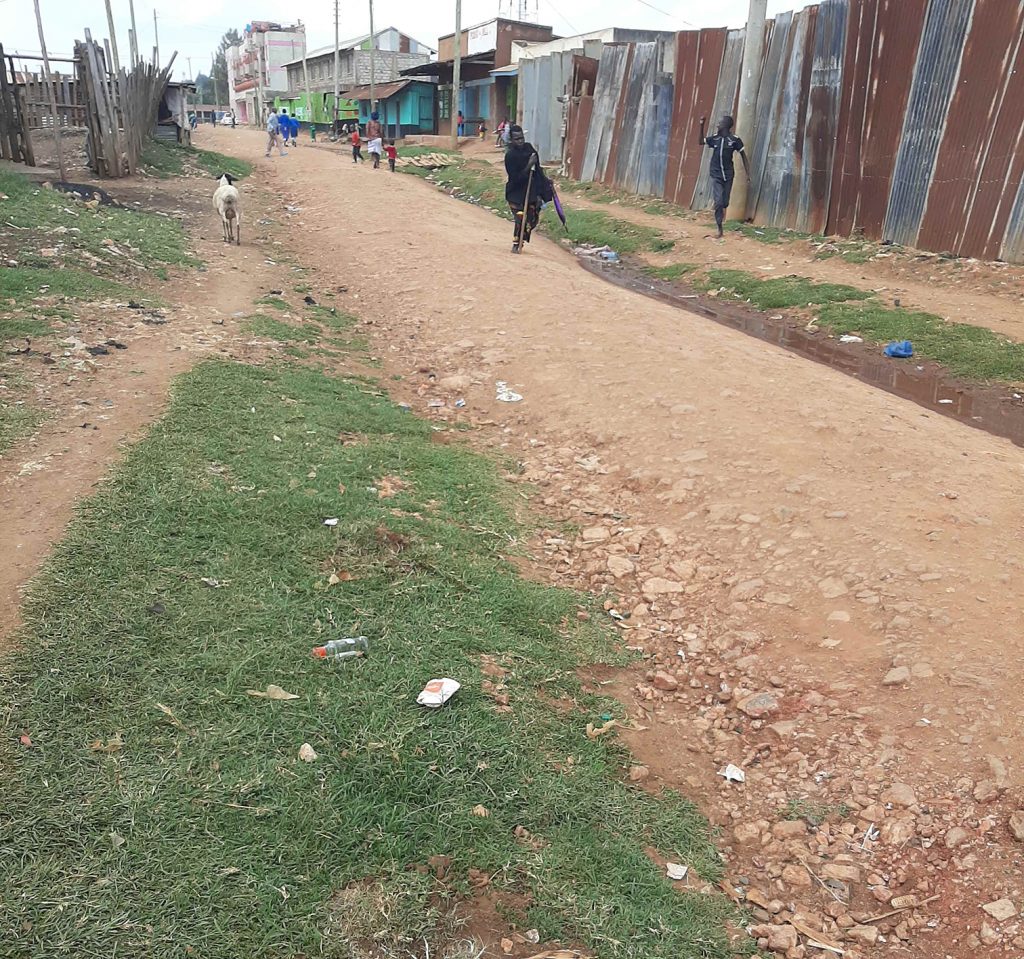 Disability housing and sustainability: this image shows a track in an informal settlement and a man on crutches walking down it.