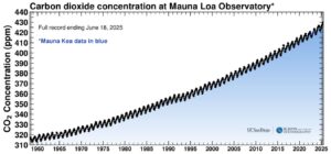 This graph shows the CO2 concentration in the atmosphere and its seasonal variation have increased from just under 320 ppm in 1960 to over 430 in 2025