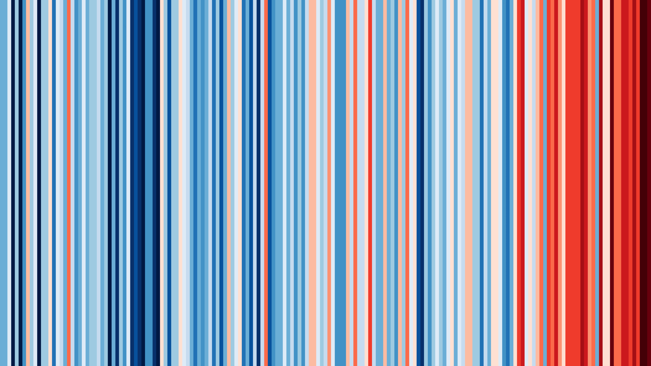 The latest 'Warming Stripes' graph, colour coded with red and blue stripes to show the average temperature for a single year compared to the relative average temperature. The frequency and intensity of the red stripes increases to the right of the graph, highlighting how quickly our planet is warming.