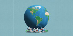 Illustration of the globe sitting on a pile of plastic waste