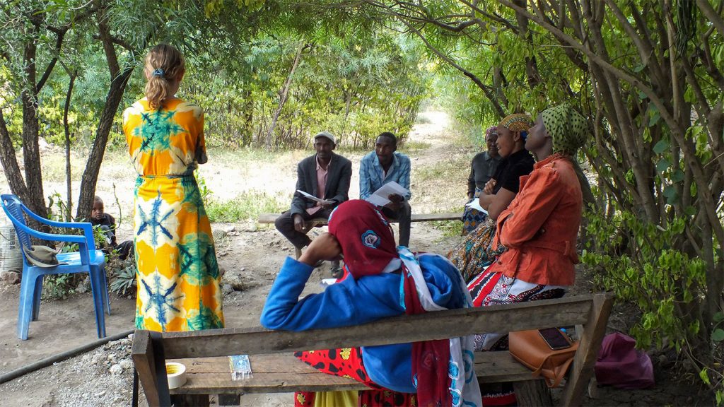 Digital tech Tanzanian farmers: a group of farmers and a researcher during a focus group in rural Tanzania