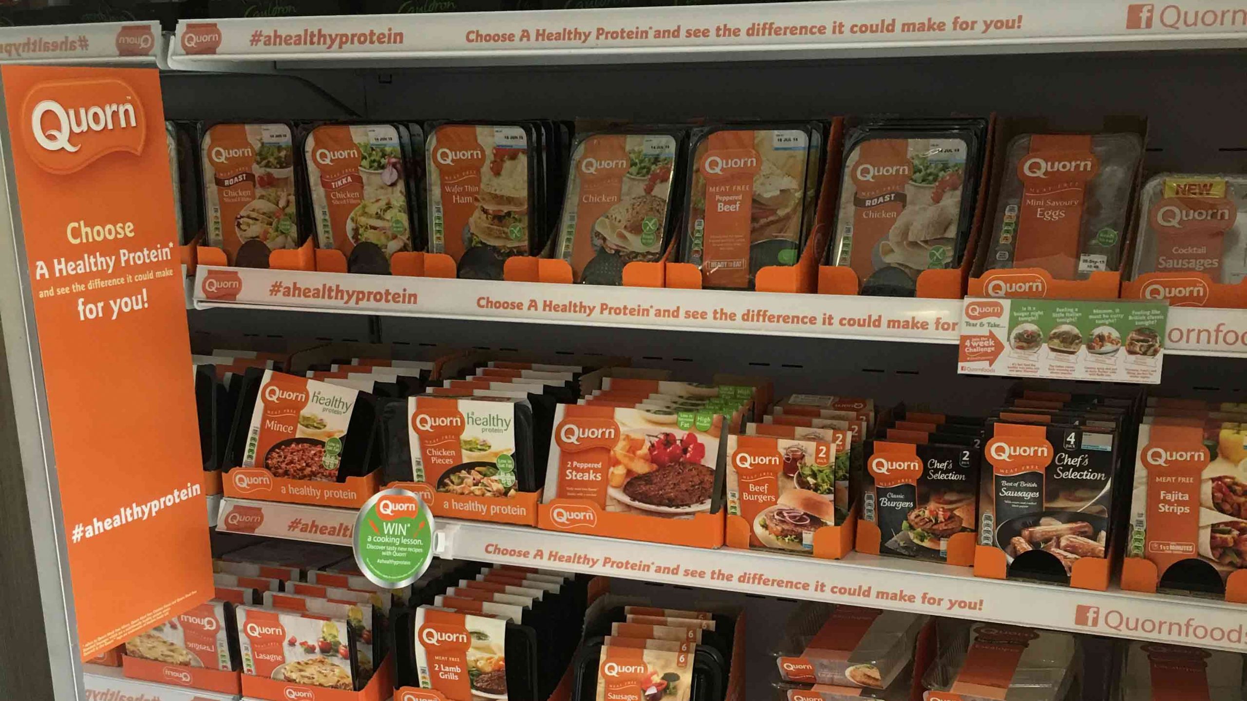 Is Quorn sustainable? A shelf full of Quorn products.