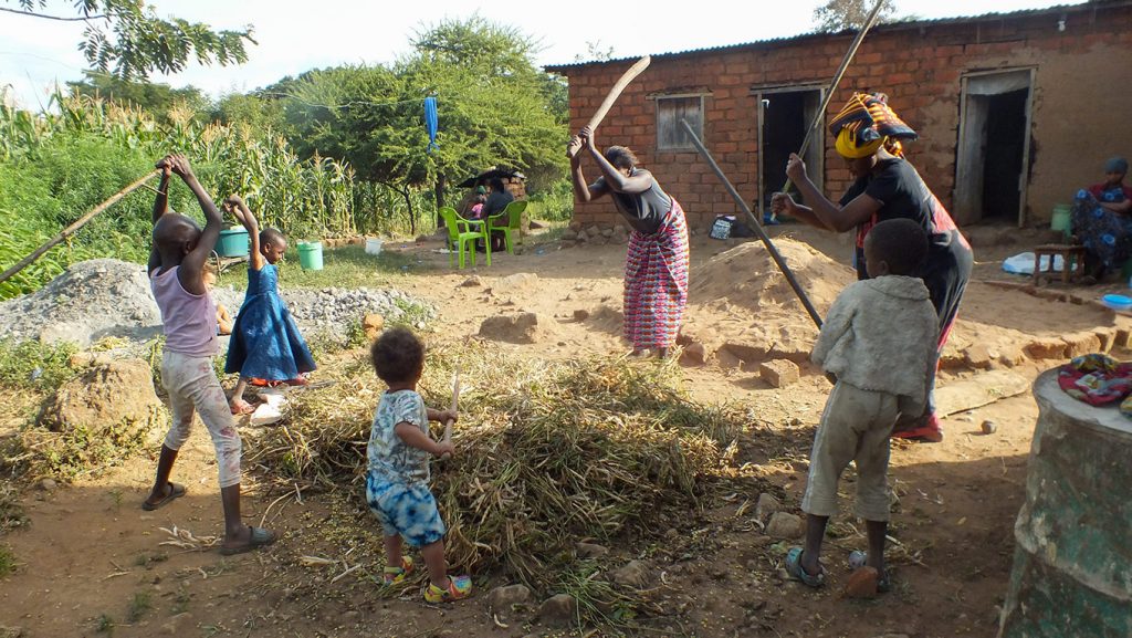 Women working with picks in a field outside a house in rural Tanzania