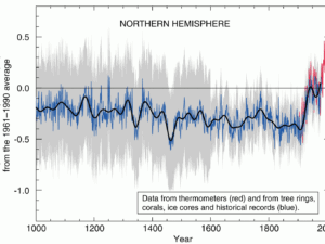 A graph showing the average air temperatures in the Northern Hemisphere from 1500 AD to the present using a number of different sources of data (thermometers, tree rings, corals, ice cores and historical records. The graph shows a sharp increase in average temperatures over the last 100 years.